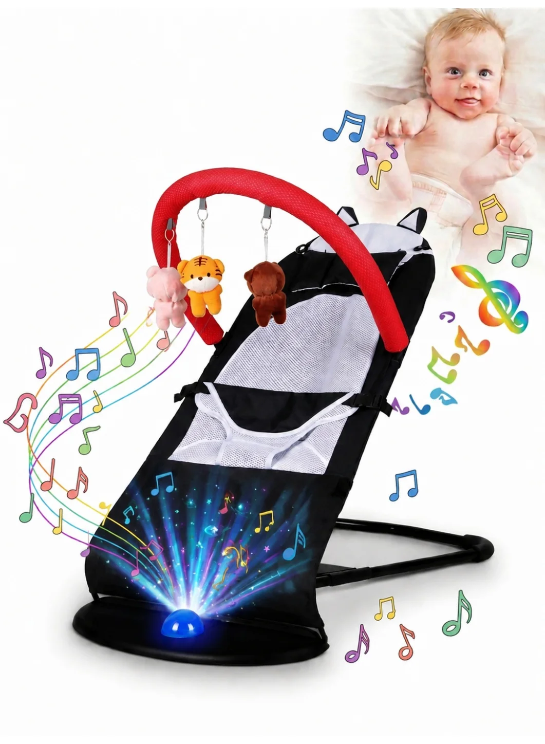 HAYALUX Multifunctional Baby Bouncer Chair with Breathable Pillow and Music, Portable Infant Rocker for Sleeping and Sitting (Widen Seat Design) 4haau