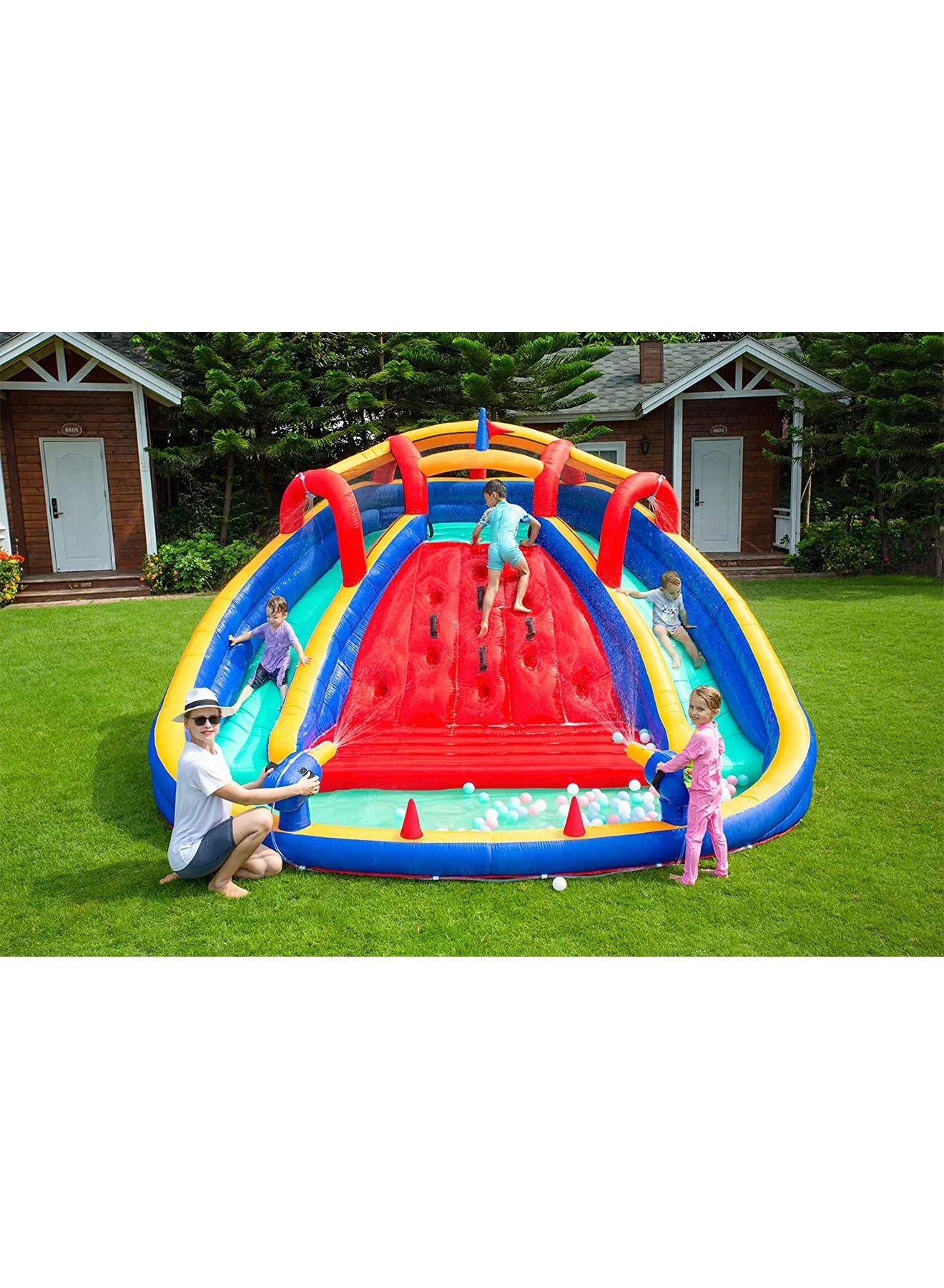 GT-Wheel Inflatable Twin Water Slide With Bouncer Premium Outdoor Play Center (Kids, 300 cm x 200 cm) ir2rg