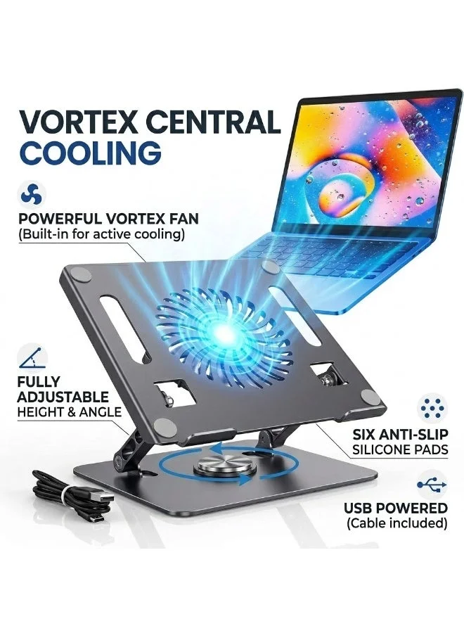 O2. Adjustable Iron Laptop Stand with Cooling Fan, Ergonomic Metal Computer Desk Holder with USB Cooling System for Office and Gaming (Black, 30 cm) dv8na