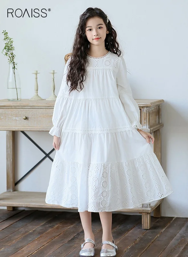 Roaiss Girls A-Line Dress Long Sleeve Hollow-Carved Princess Style (Elegant Casual Wear) asb1c