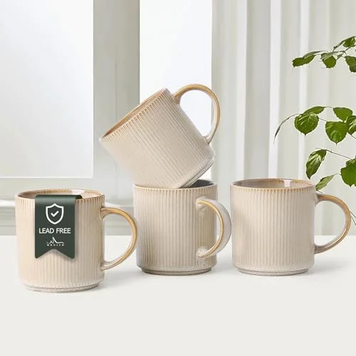 MONITO Rustic Ceramic Coffee Mugs Set, Vintage Striped Stoneware Cups with Large Handle (Bonbon Beige, 475 mL, Set of 4) vw5n6