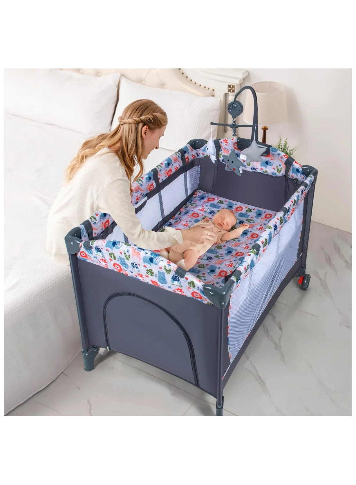 NNEWVANTE 4-in-1 Portable Baby Playard with Bassinet and Diaper Changer, Foldable Travel Crib for Infants and Toddlers (Grey) nygdv