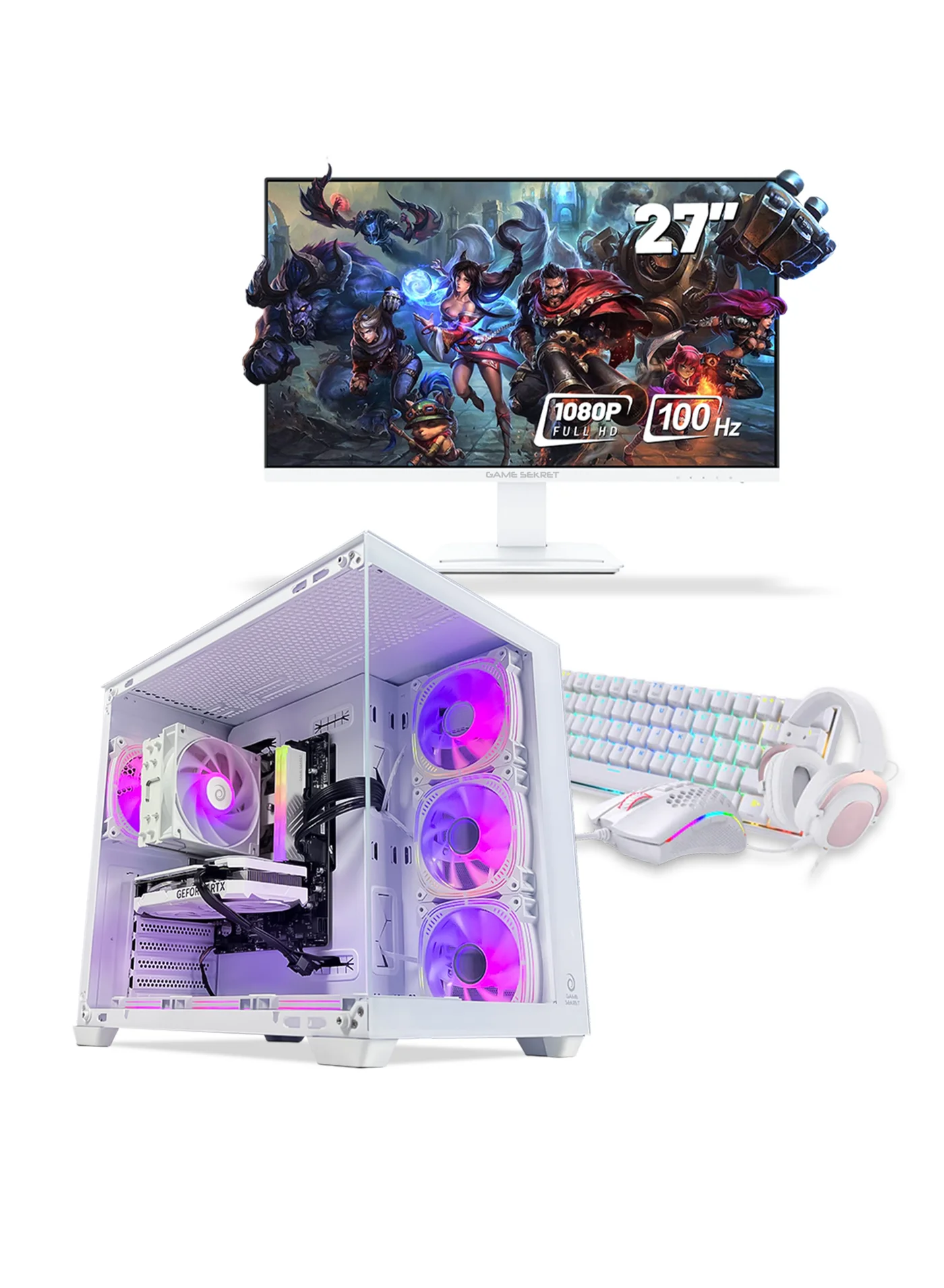 Game Sekret Pro Gaming Desktop PC Bundle with 27-inch FHD Monitor and Peripherals (White, 16GB RAM, 1TB SSD) py7kw