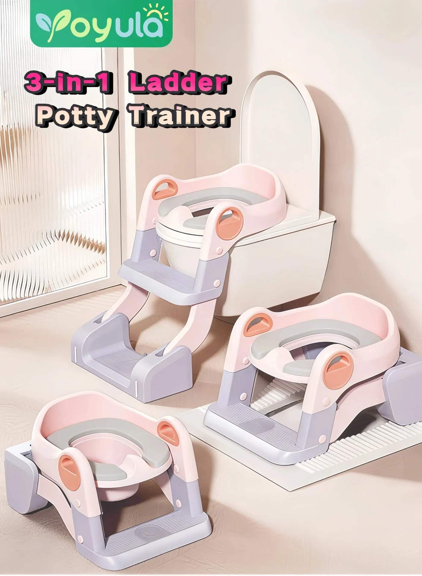 Yoyula 3-in-1 Potty Training Seat with Ladder, 6-Level Height Adjustable Toddler Toilet Chair, Anti-Slip & Splash-Proof Design (For Kids 1-8 Years) opc1m