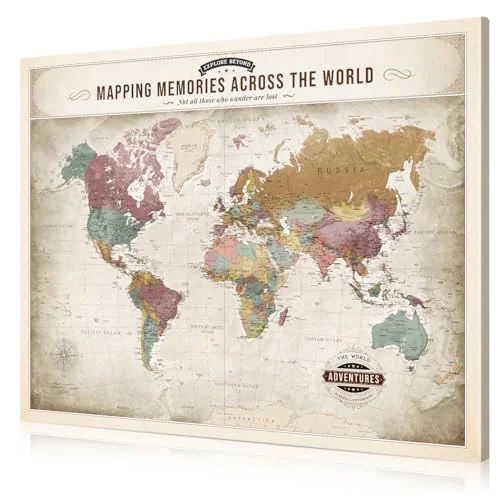 Vintage Soft Pastel World Map Canvas Wall Art Premium Giclee Print for Home and Office Decor (76x61 cm) 85s4m