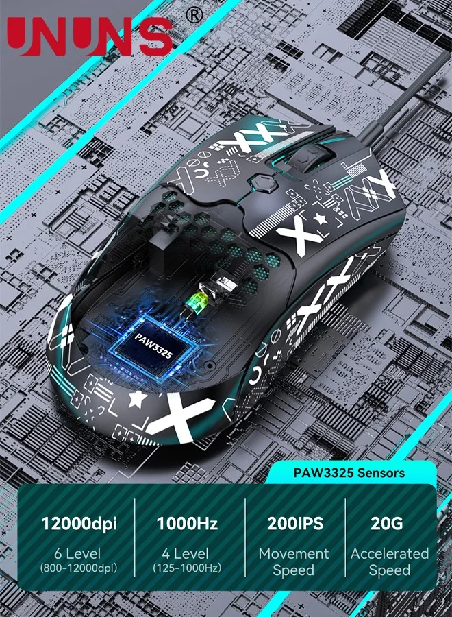 UNUNS Wired Gaming Mouse RGB Lightweight PC Mouse with 12000 DPI and 6 Programmable Buttons (Black, 65g) 9yq4c