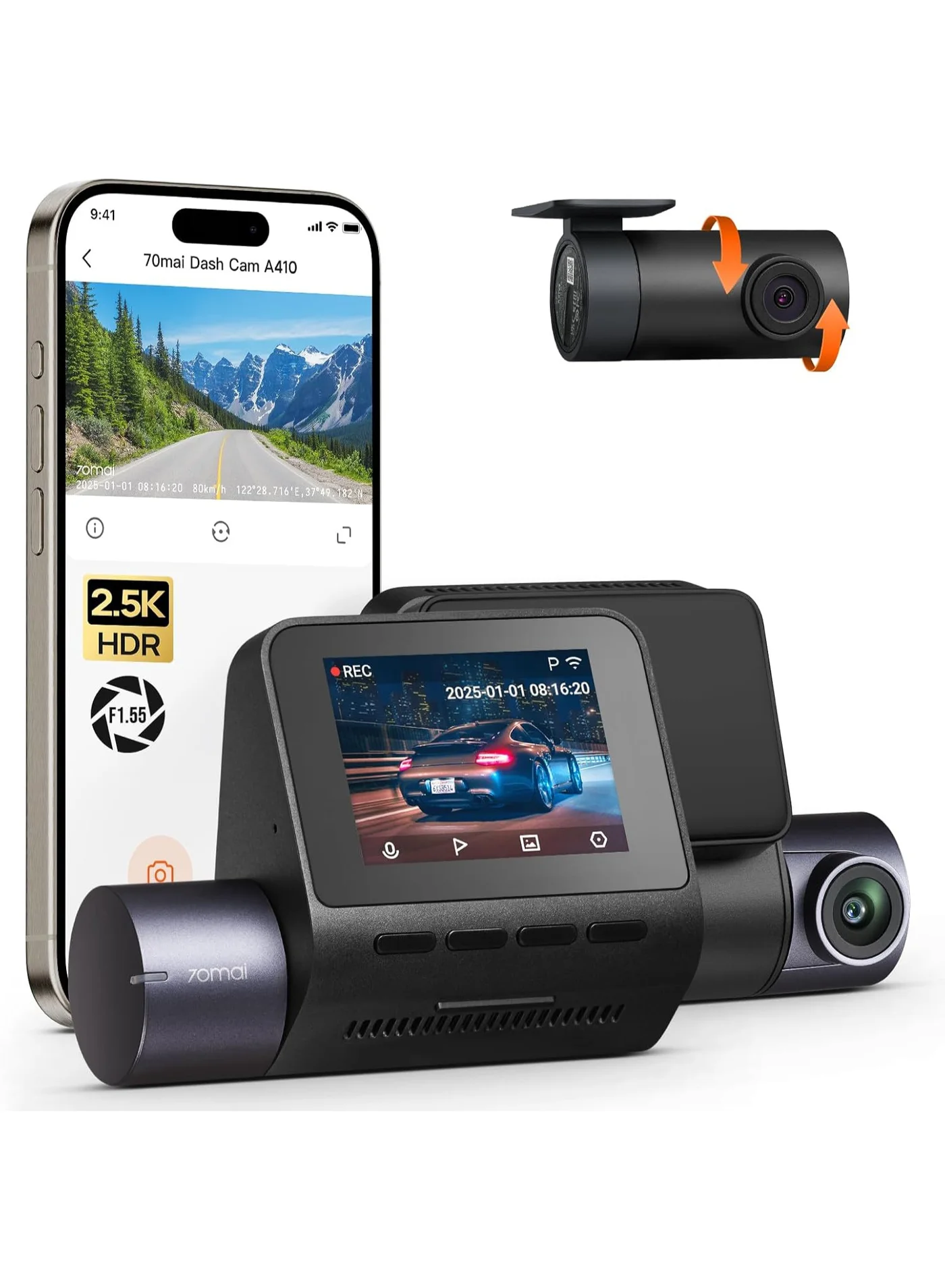 Premium Dual Dash Cam Front and Rear Set 2.5K HDR Video Recorder with Night Vision GPS and Parking Monitoring System vvkt9