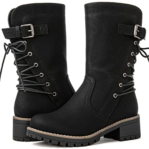 GLOBALWIN Women Mid Calf Biker Boots Lace Up Combat Motorcycle Riding Fashion Boots (Black, 40 EU) yqxgv