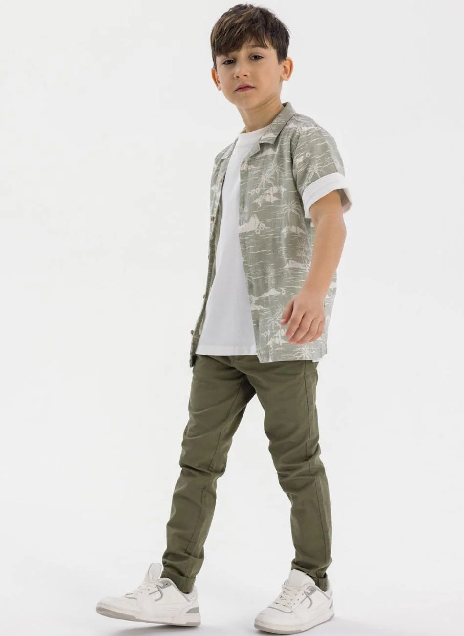 MINOTI Boys Chino Trousers Premium Cotton Casual Pants with Adjustable Waistband (Olive, 128 cm) 566co