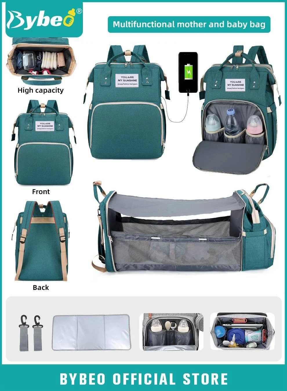 Bybeo Multifunction Diaper Bag Backpack with Changing Station (Large Capacity, Waterproof 900D Oxford, USB Port, Grey) slqx9