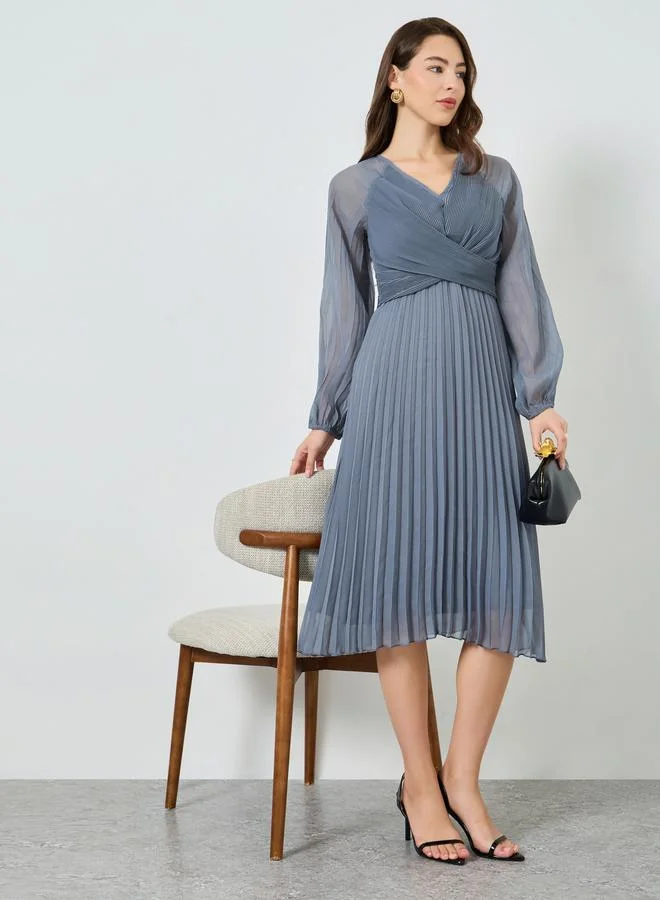 Styli Pleated Balloon Sleeve Wrap Midi Dress (Grey, One Size) gu1gb
