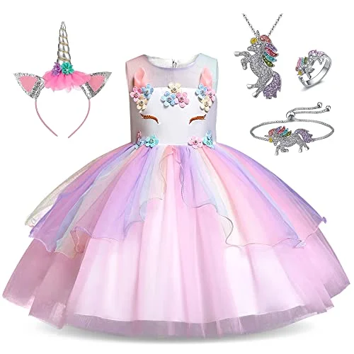 Tutu and Sian Unicorn Princess Dress Up Costume Set with Jewelry and Headband (Multicolor, 4-5 Years) 2hb3u
