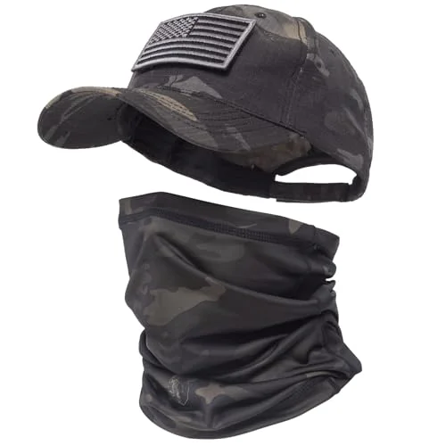 Tactical Camouflage Baseball Cap and Neck Gaiter Set with Flag Patch Premium Outdoor Headwear for Men and Women (Black, One Size) v7yom