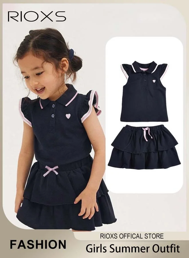 RIOXS Girls Summer 2-Piece Set Cotton Shirt and Drawstring Skirt Outfit (Pink, 120cm) hzeyr