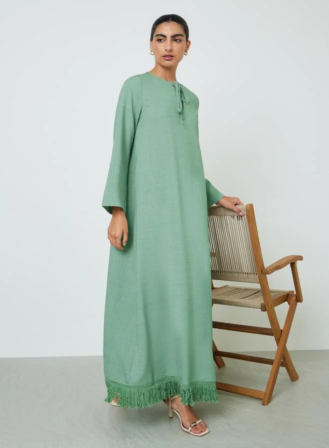 Amirah Green Tasseled Hem A-Line Jalabiya Premium Traditional Modest Wear for Women y1qri