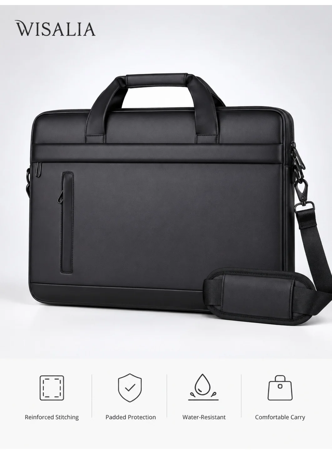 Wisalia Laptop Bag 15.6 Inch Business Briefcase Waterproof PU Leather Messenger Bag for Men and Women (Black, 15.6 Inch) 2llcw