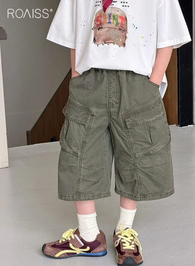Roaiss Boys Summer Cargo Pants Elastic Waist Casual Cotton Shorts (Khaki, 140cm) 91tz5