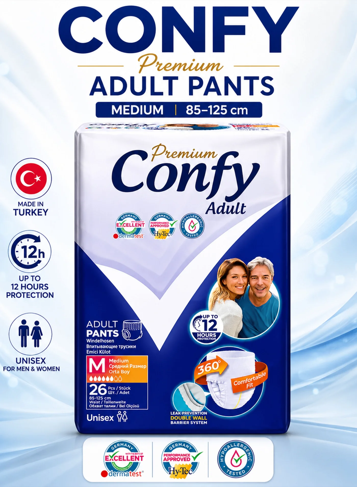 Confy Premium Adult Incontinence Pants Pull-Up Disposable Underwear (Medium, 26 Pieces, 85-125cm Waist) 0w7of