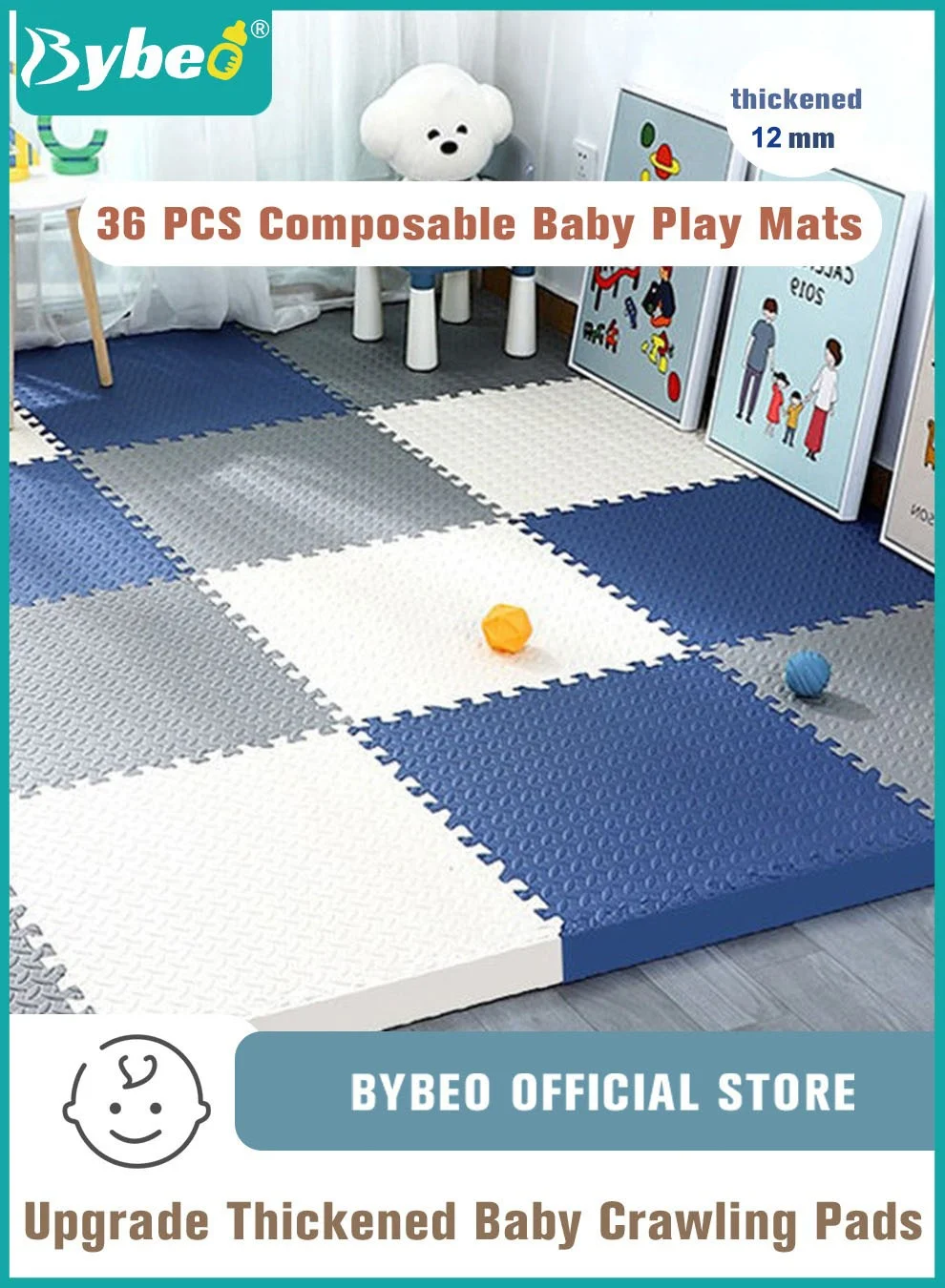 Bybeo Baby Play Mat Interlocking Foam Floor Tiles for Crawling and Tummy Time (36 Pieces, 30x30cm, 12mm Thick) 4bvjs