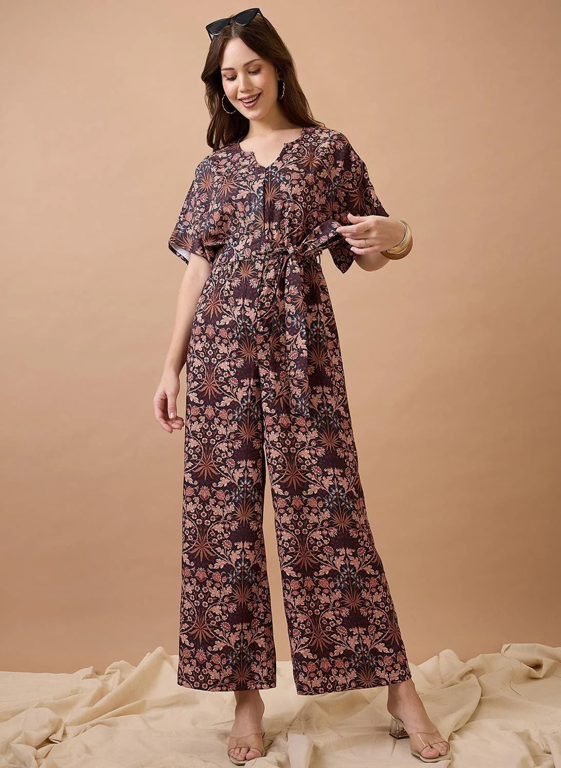 Premium Floral Print Casual Jumpsuit for Women Round Neck Short Sleeve (Brown, Regular Fit) 52f3v