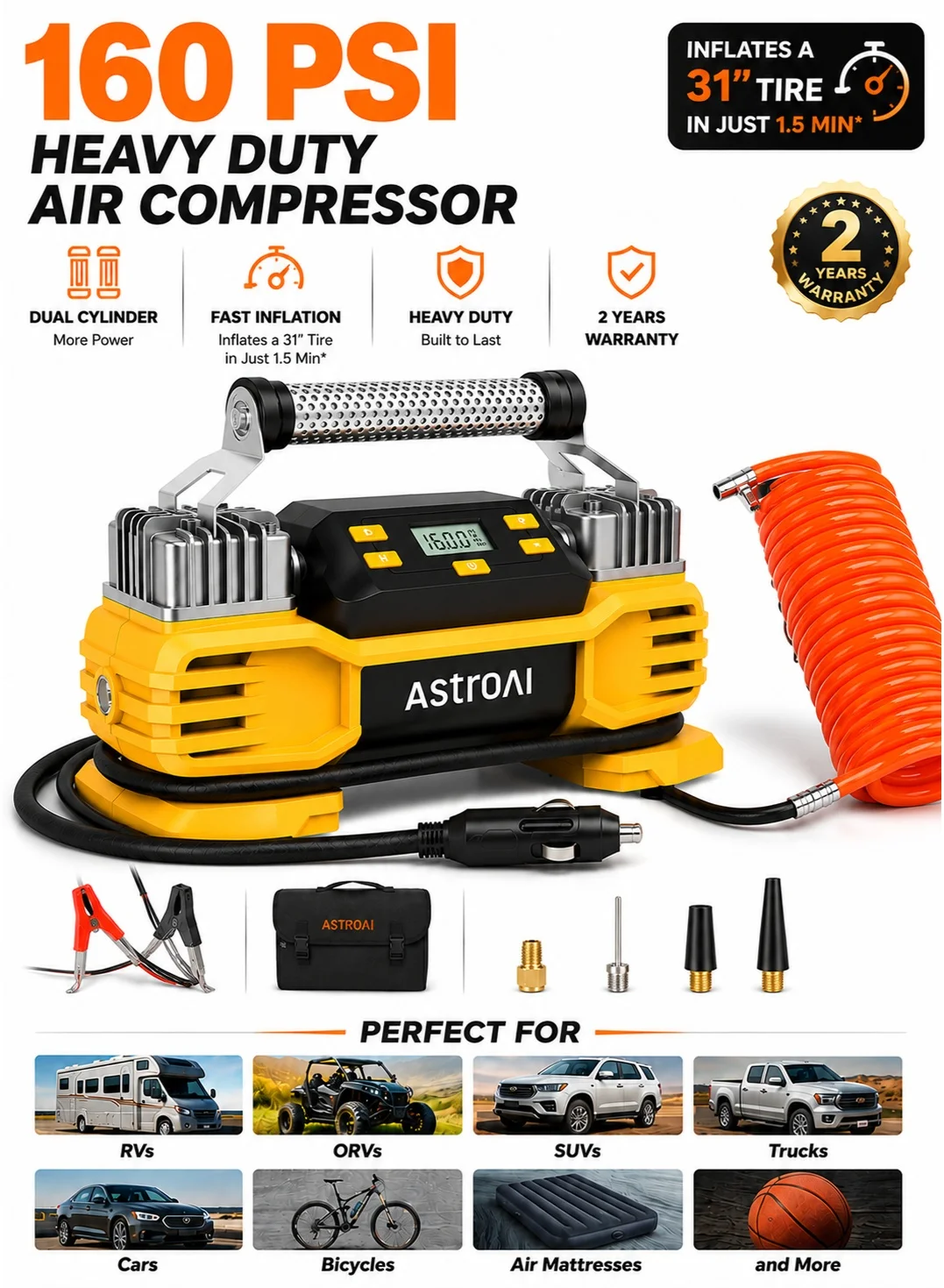 Premium Portable Tyre Inflator Air Compressor 12V DC 160PSI with Digital Screen and LED Light for Cars SUVs and Trucks mgrft