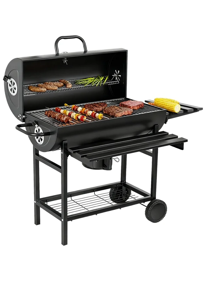 YUHUOHUANG Barrel Charcoal Grill and Smoker with Shelves, Stainless Steel BBQ Grill with 380 Square Inch Cooking Area for Outdoor Garden and Patio (Black) wo624