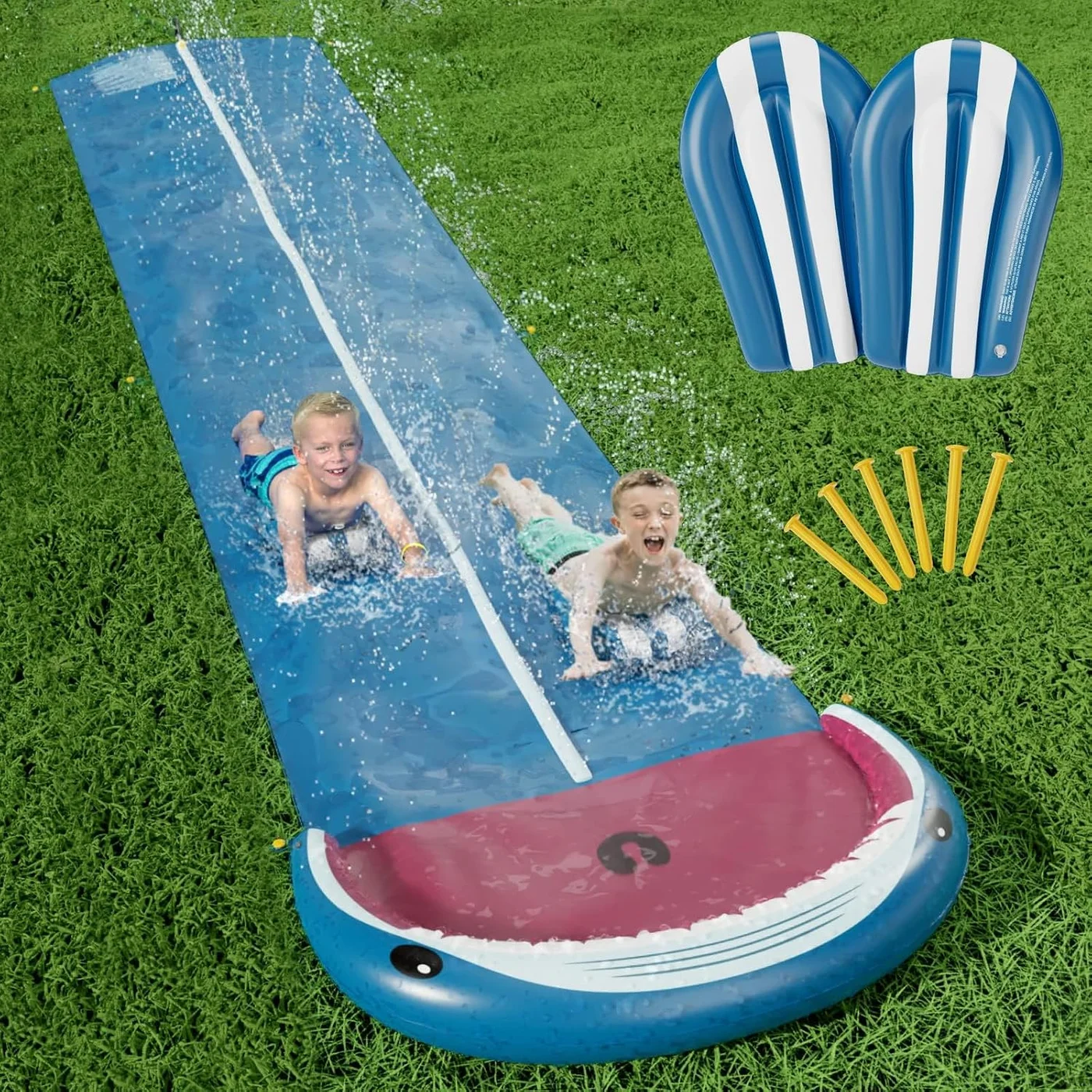 Premium Heavy Duty Lawn Water Slide with Splash Sprinkler and 2 Bodyboards (Shark Design, 609 cm) rg7l7