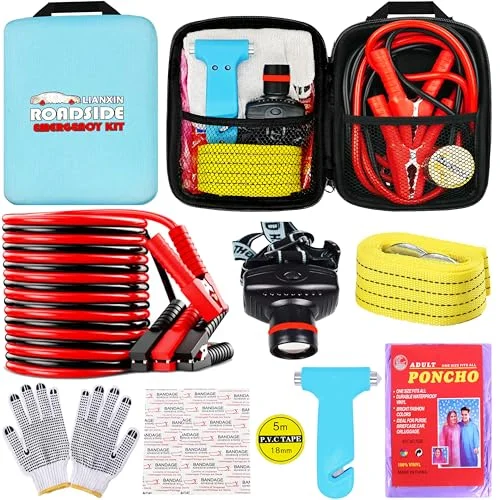 Premium Car Emergency Roadside Assistance Kit All-in-One Safety Tool Set with Jumper Cables and Tow Straps (Sky Blue, 1 Set) 4uzai