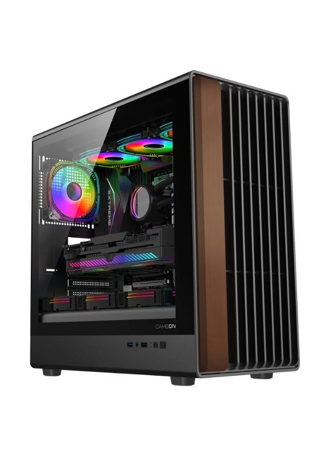 GAMEON Timber Midnight Series ARGB Mid-Tower Gaming Case with Wood-Textured Panels and 7 Fans (Black, ATX Support) yczsg