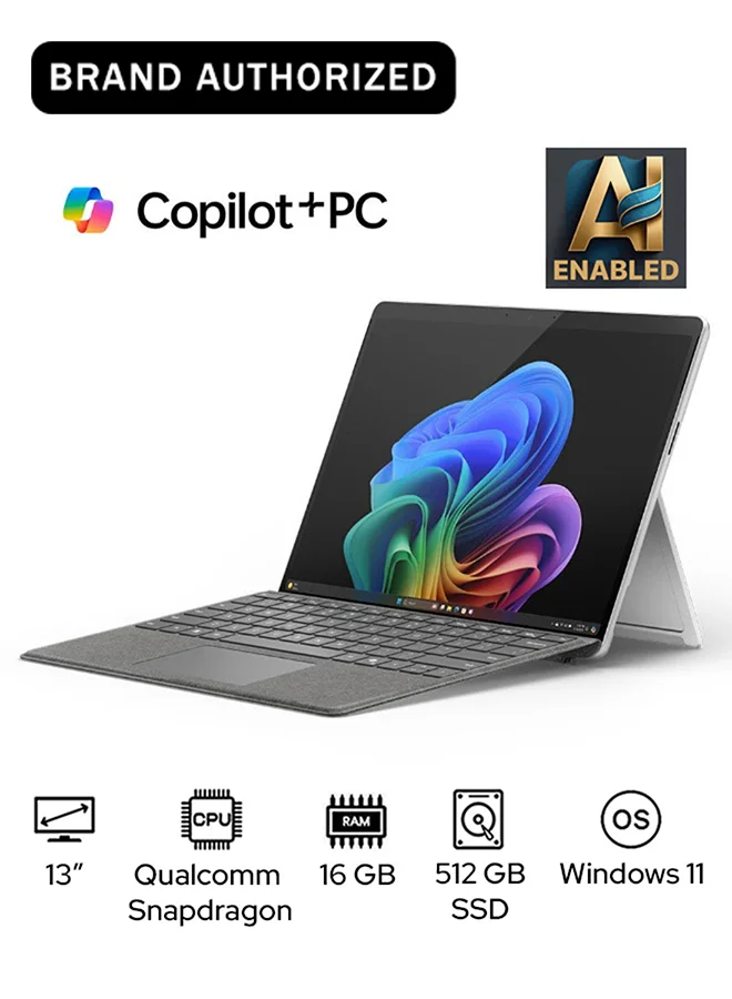 Premium 13-Inch 2-in-1 Laptop Tablet 16GB RAM 512GB SSD Qualcomm Snapdragon X Elite Processor Windows 11 English/Arabic Platinum zlql0