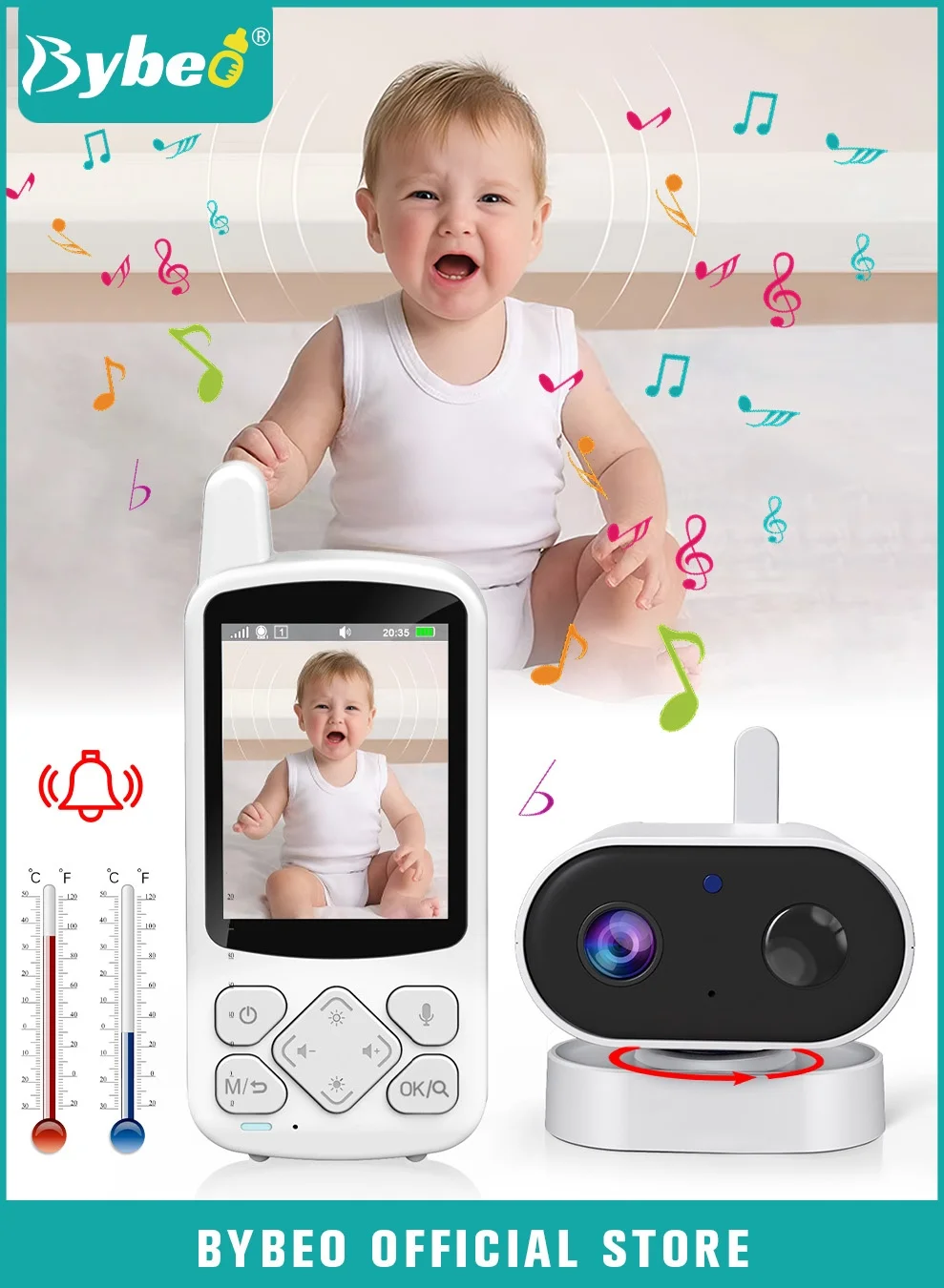 Bybeo Baby Monitor with 2.8 Inch LCD Display, 2-Way Audio, Night Vision, Temperature Sensor and 8 Lullabies (White, 1 Unit) rzbph