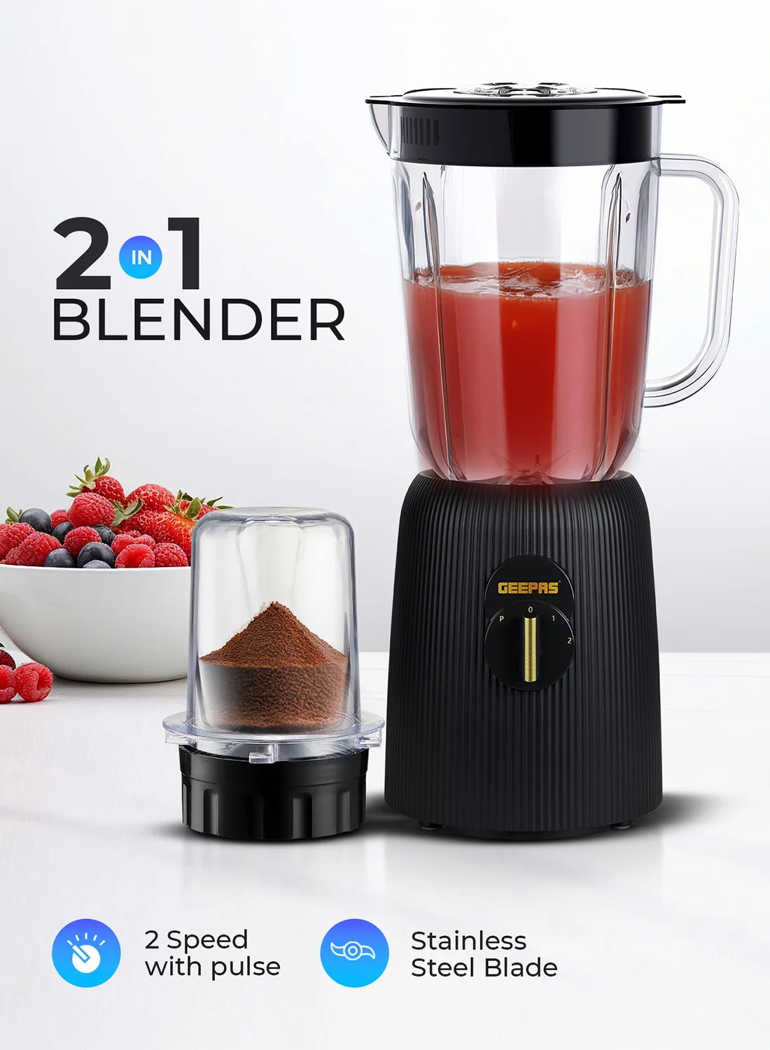 Geepas 2-in-1 Kitchen Blender and Grinder Set with Stainless Steel Blades and 1.8L Jar (Black, 650W) nkz6r