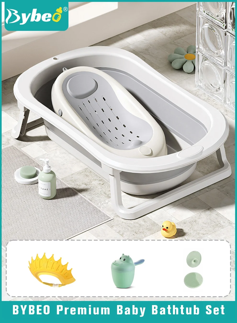 Bybeo Foldable Baby Bathtub Set with Bath Chair and Grooming Accessories (5-Piece Set) 1i7sw