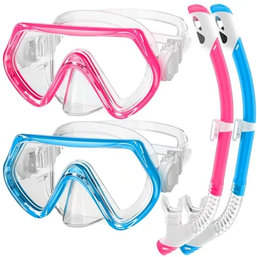 ZipAura Kids Snorkeling Gear Set Anti-Fog Panoramic View Swimming Mask with Dry Top Snorkel (Clear, 2 Sets) dqd4f