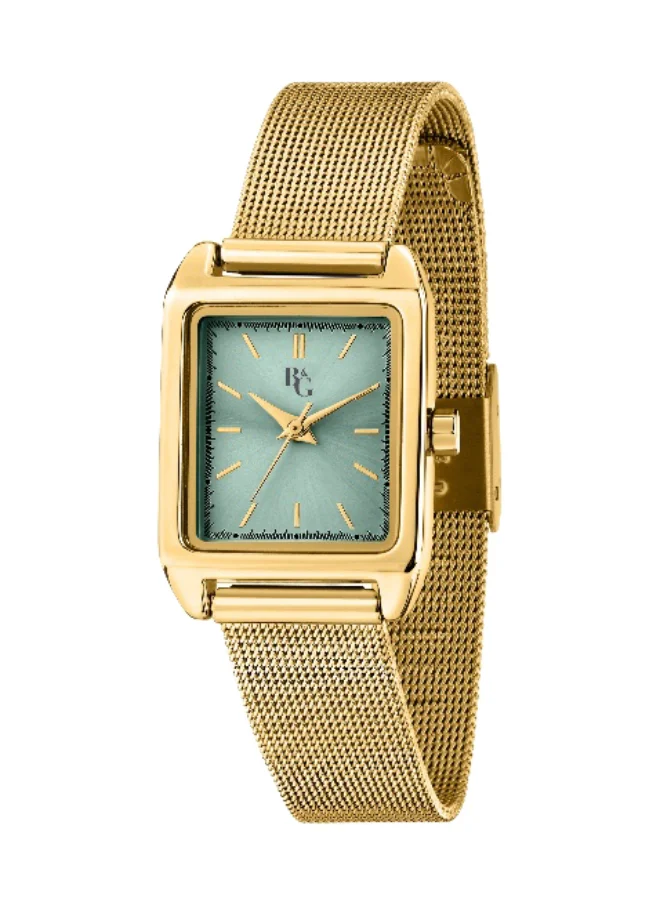 B&G Women's Rectangular Analog Watch with Gold Stainless Steel Band (Green Dial, 31mm) mfy71