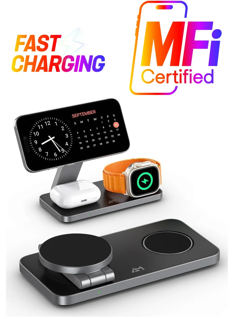 AMROAH 3-in-1 Foldable Wireless Charging Station Premium Fast Charger Stand for Smartphone Watch and Earbuds (Black) wk0al