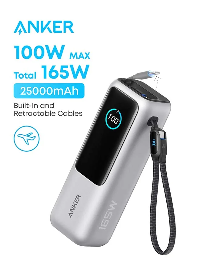 High-Speed 25000 mAh Portable Power Bank, 165W Ultra-Fast Charging Battery Pack with Retractable Cables (Silver, 25000 mAh) l40y6