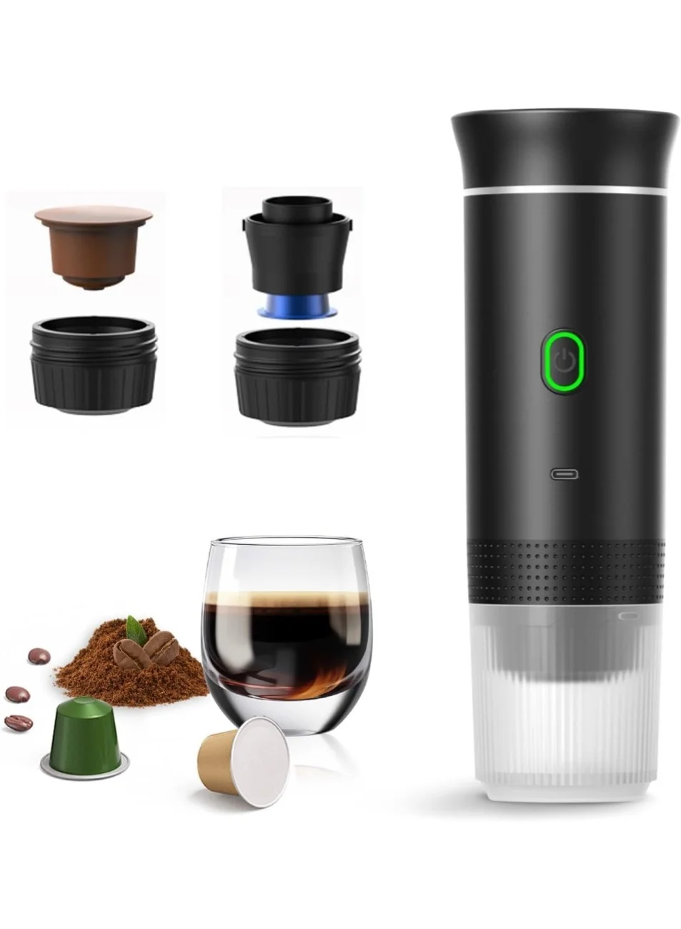 Changli Portable Espresso Maker 3-in-1 Travel Coffee Machine for Capsules and Ground Coffee (Black, 1 Unit) o21z6