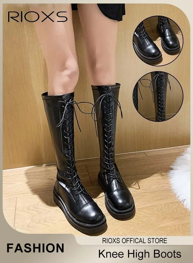 RIOXS Women's Knee High Boots Leather Motorcycle Riding Boots (Black, 5cm Mid-Heel) t5bq5