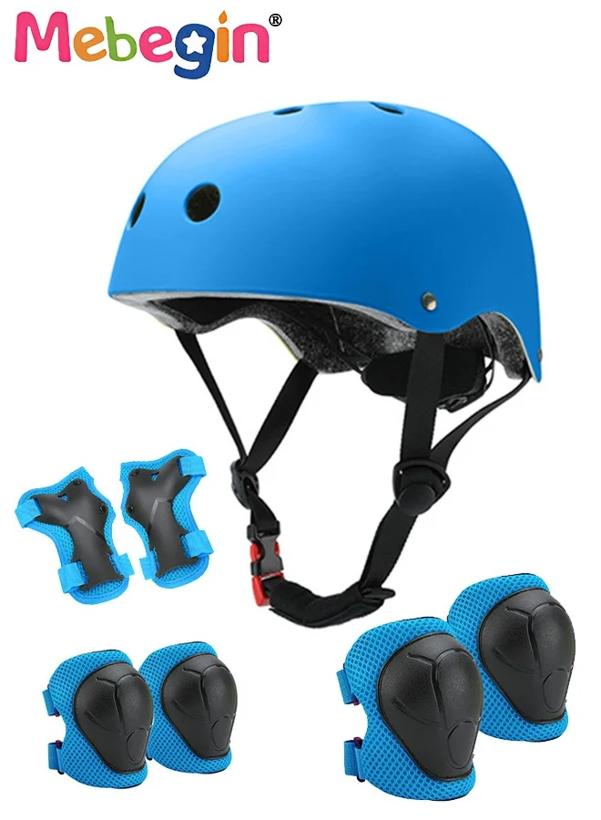 MEBEGIN 7-Piece Multi-Sport Protective Gear Set with Adjustable Helmet Knee Elbow Pads and Wrist Guards (Blue, One Size) t98i4