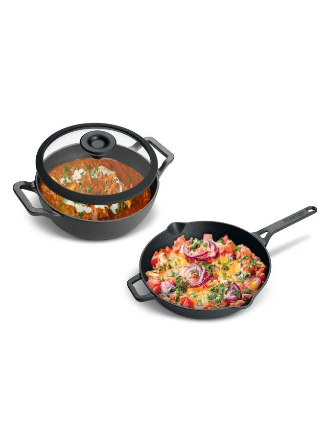 Premium Pre-Seasoned Cast Iron Cookware Set (24cm Kadai and 26cm Frypan) Induction Compatible Kitchen Essentials (Black, 2-Piece Set) xafe0