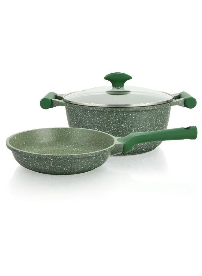 Premium Granite Non-Stick Cookware Set (26cm Fry Pan, 26cm Casserole with Lid, 3-Piece Set, Green) ostxw