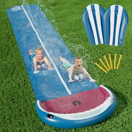 Premium Lawn Water Slide with Splash Sprinkler and 2 Bodyboards (600 cm, 2-Lane Shark Design) x9zpk