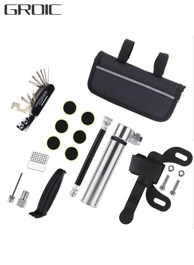 GROIC Bicycle Repair Tool Kit with Tire Pump and Patch Set (Portable Emergency Maintenance Gear) il953