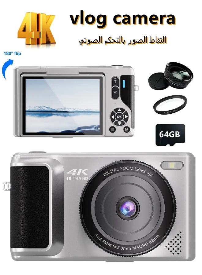 AL RAID 4K Digital Vlogging Camera 64MP Point and Shoot Camera with 64GB TF Card and 16X Zoom for Kids and Beginners jw3s9