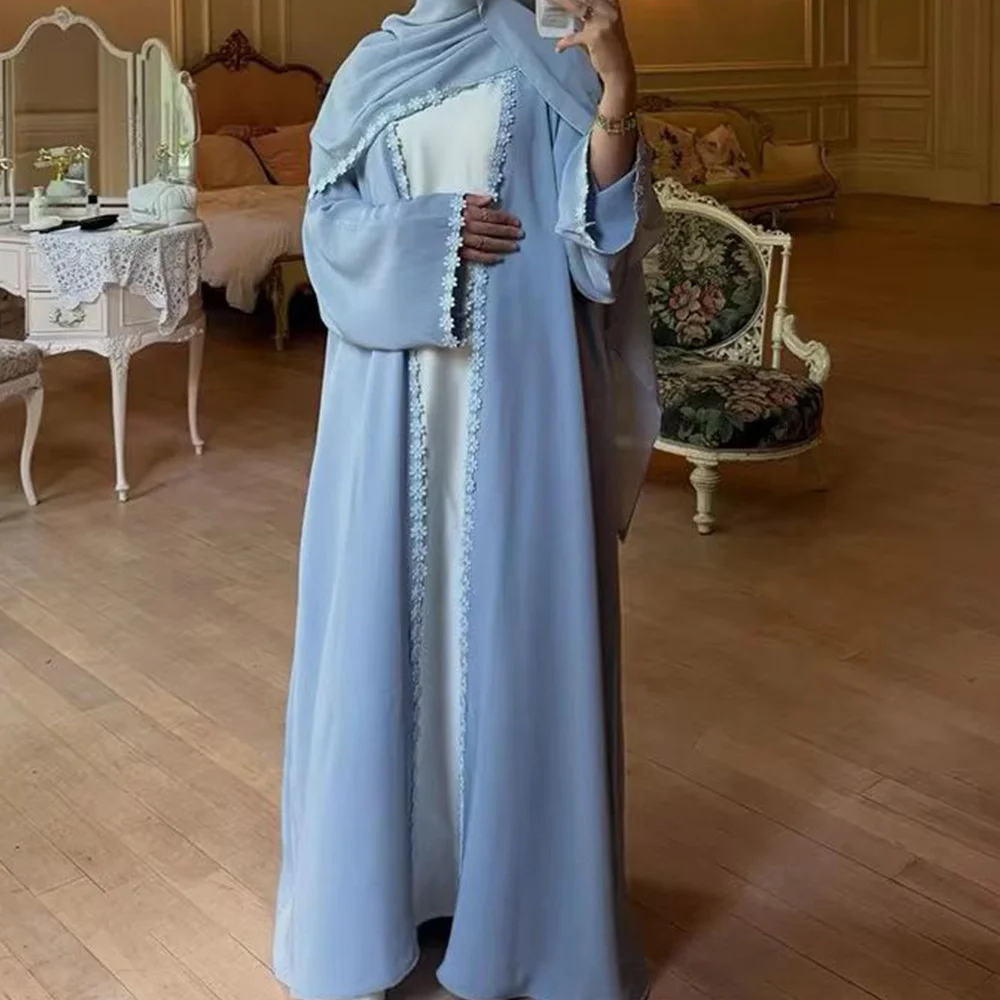 Monica Fashion Elegant Lace Abaya Cardigan Robe with Matching Headscarf (Premium Fabric, For Women) r0rf7