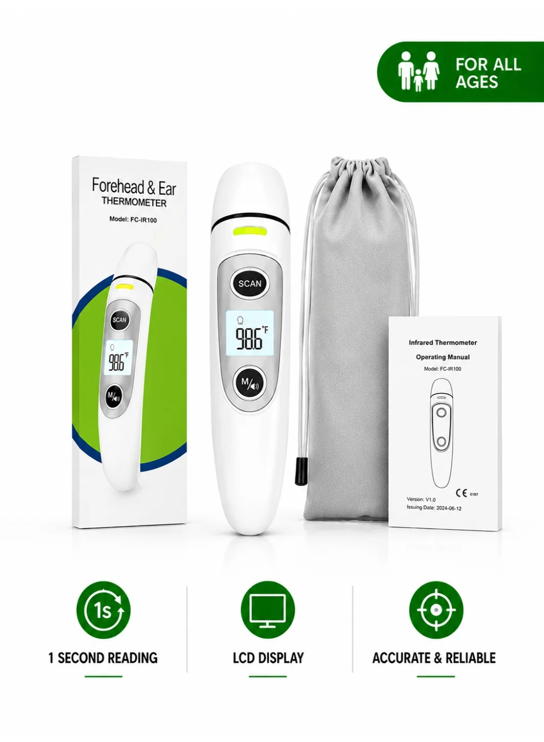 RUKYU Infrared Digital Thermometer for Ear and Forehead, Non-Contact Temperature Scanner with LCD Display for Babies, Kids and Adults (1 Piece) y0jb2