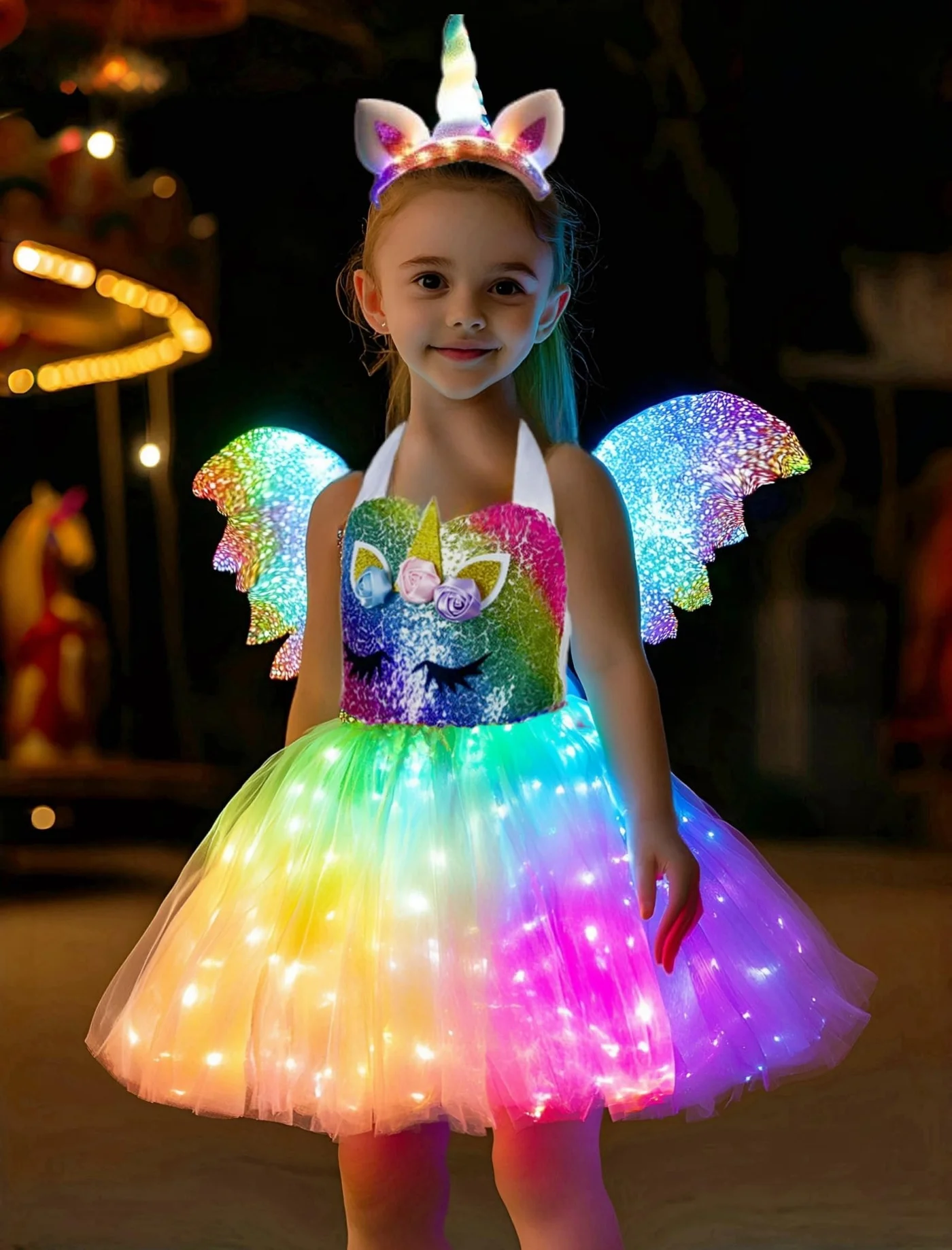 SHINYOU Unicorn LED Light Up Tutu Dress Premium Birthday Costume for Girls (Deep Rainbow, 7-8 Years) ujv1j