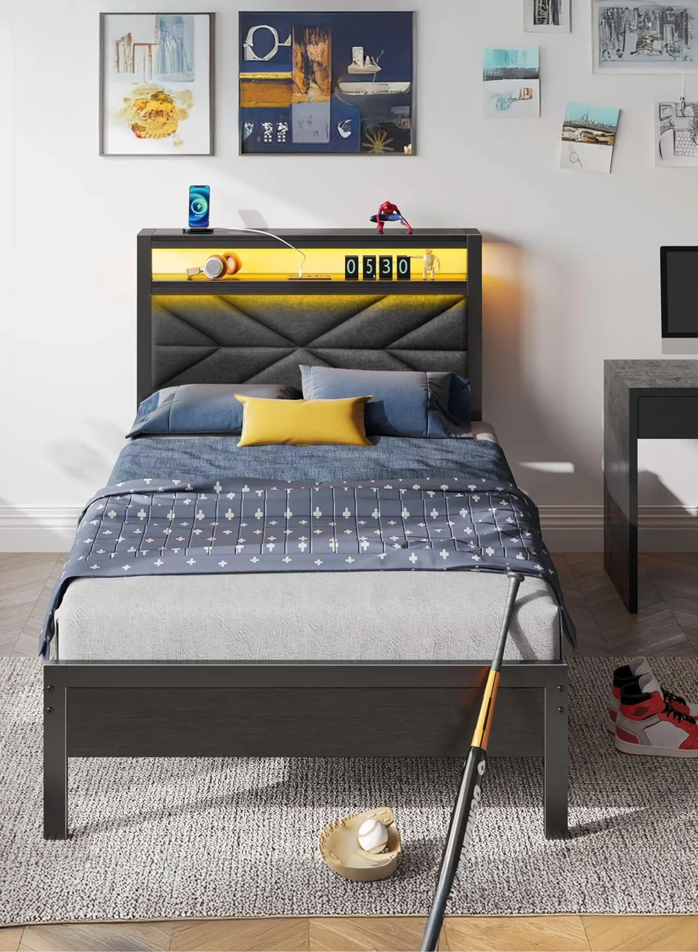 Yanara Metal Platform Bed Frame with LED Upholstered Storage Headboard and Charging Station (Twin Size) lqq43