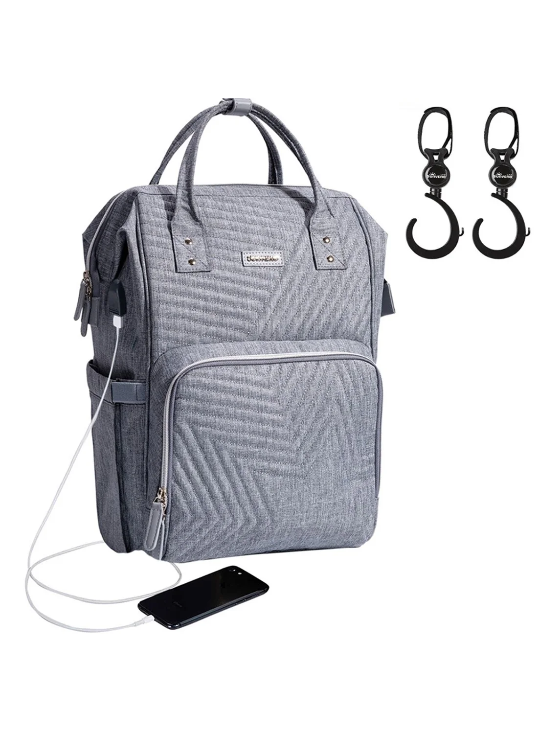 Sunveno Diaper Backpack with USB Charging Port and Stroller Hooks (Grey, Large) gufch